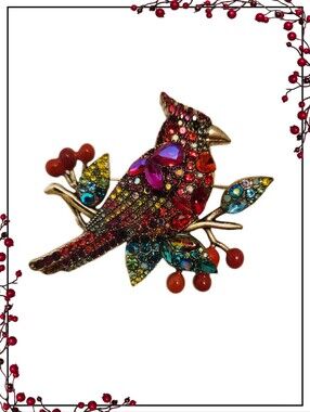 Red Rhinestone Cardinal Red Bird Brooch